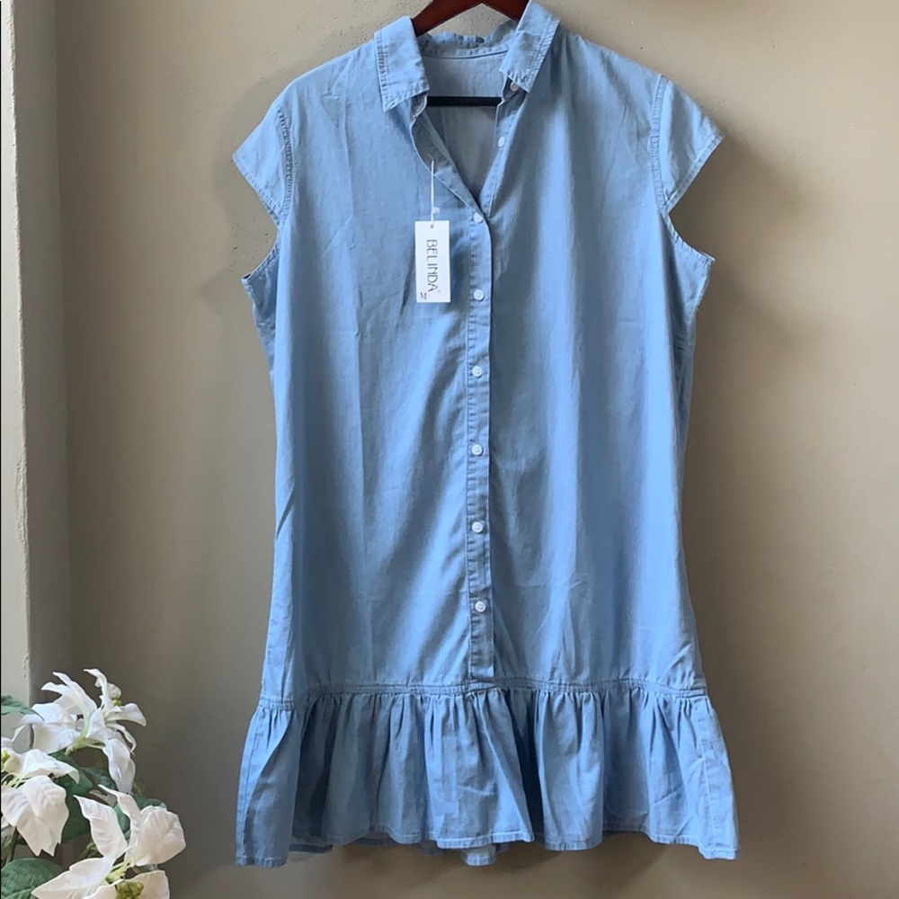 Belinda Boho Chambray Cap Sleeve Shirt Dress, M